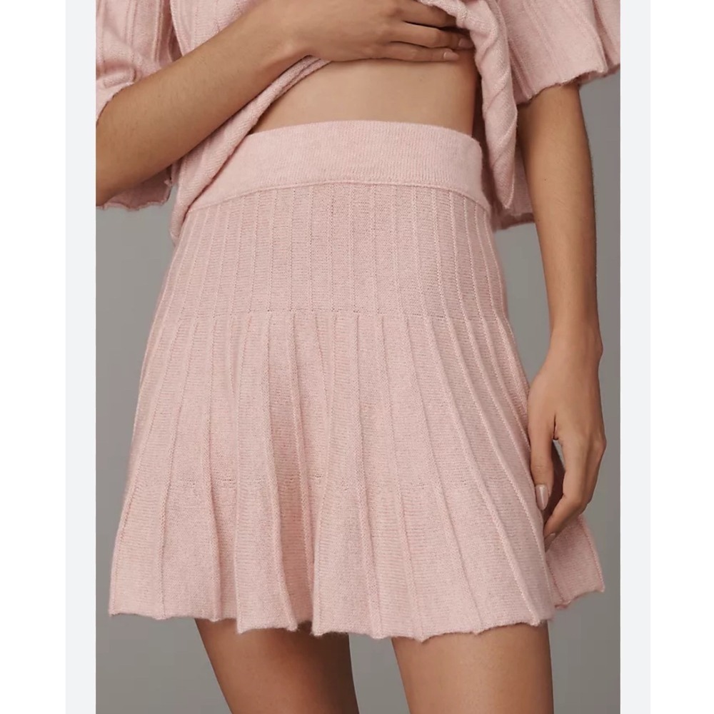 Maeve Anthropologie Mauve Pink Pleated Knit Mini Skirt Size‎ L NWT Cottagecore